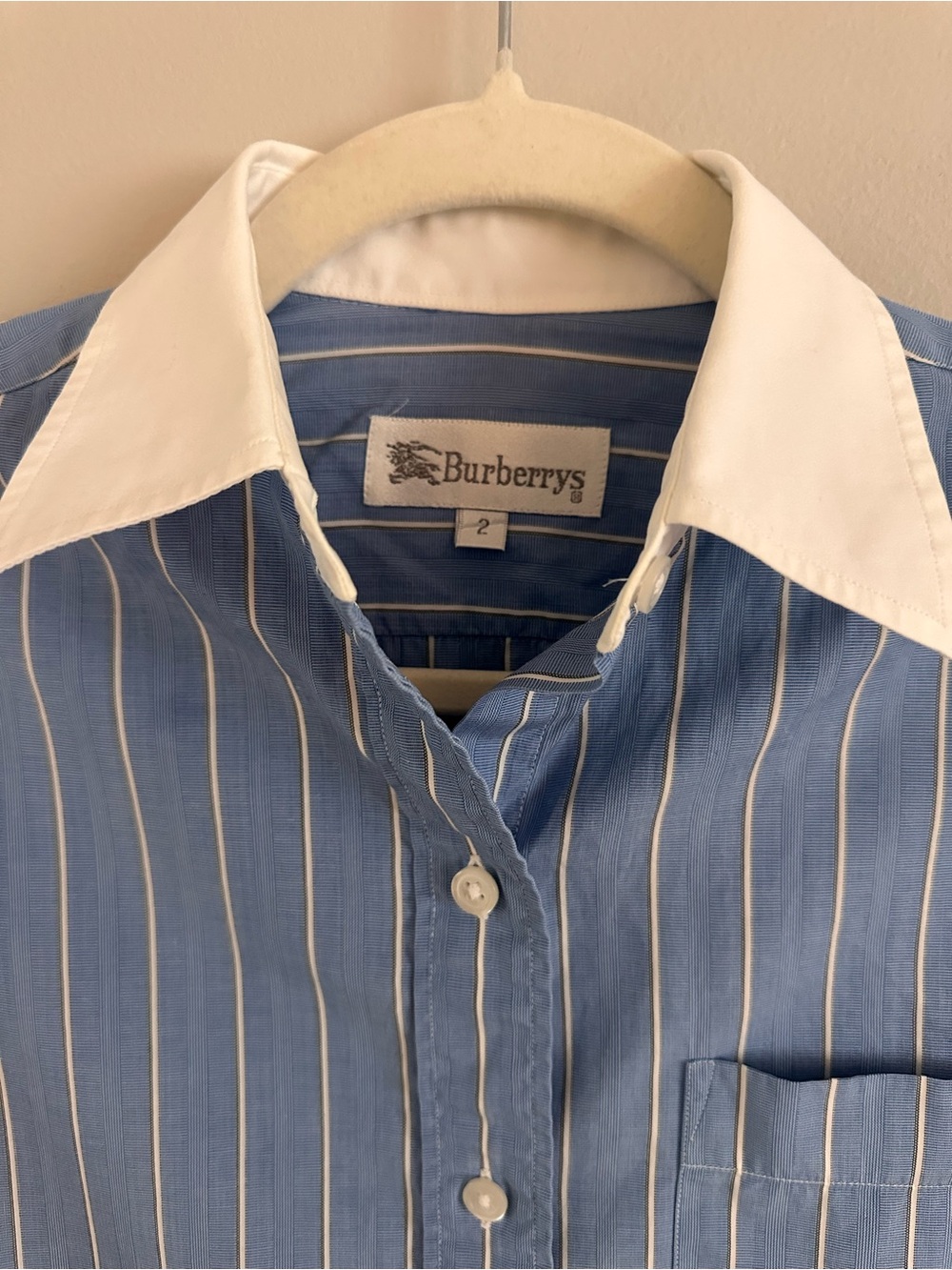 Vintage Burberrys Blue Pinstripe Button Down Shirt Contrast Collar Size 2 - Picture 2 of 11